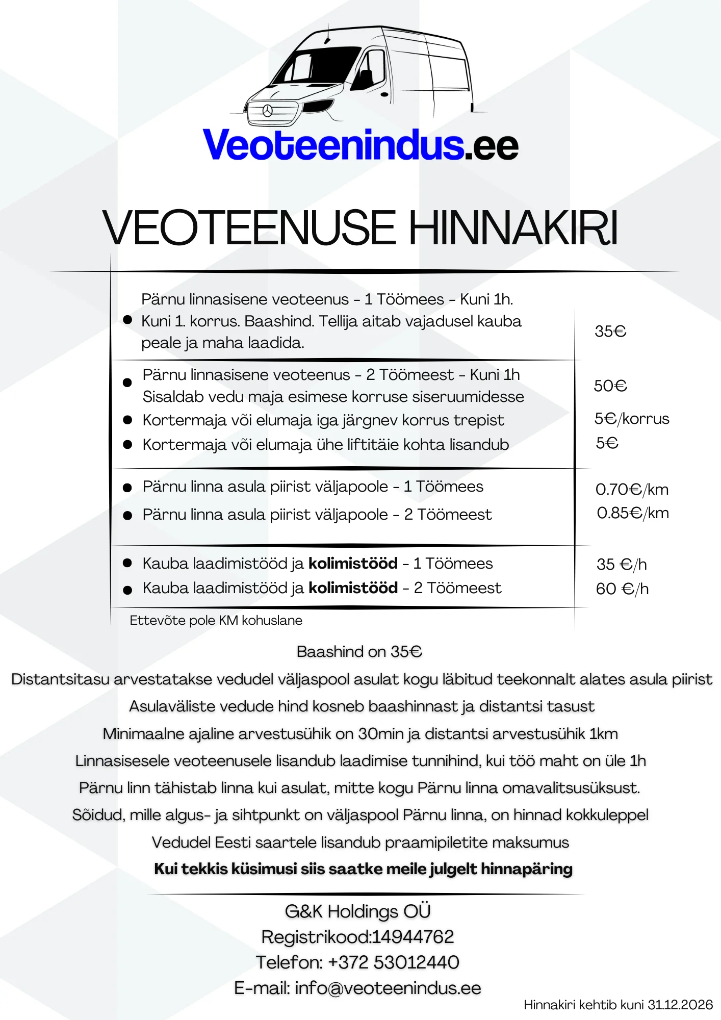 Veoteenuse hinnakiri 2026. Hinnad ja tingimused on loetavad ka pildi all tekstina.